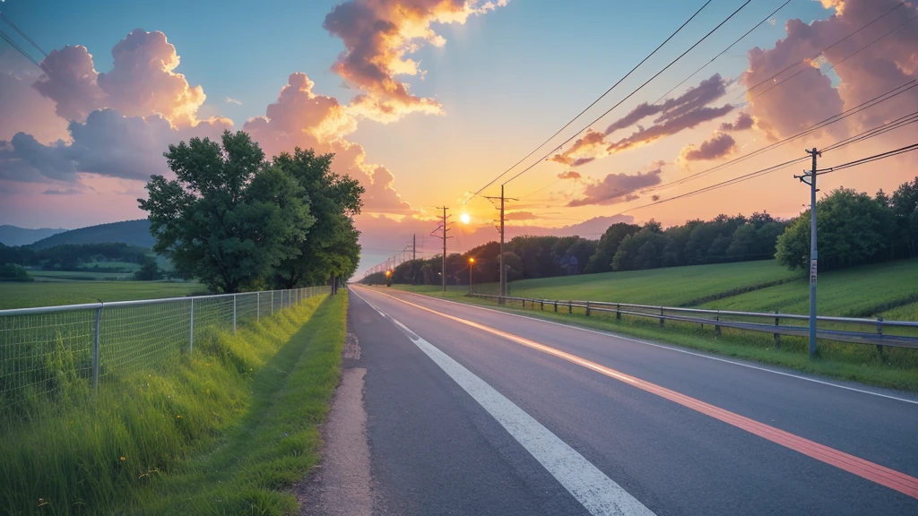 School zone,countryside,summer,evening,Paintings inspired by Makoto Shinkai,the way,No humans,cloud,sunset,guardrail,Electric pole