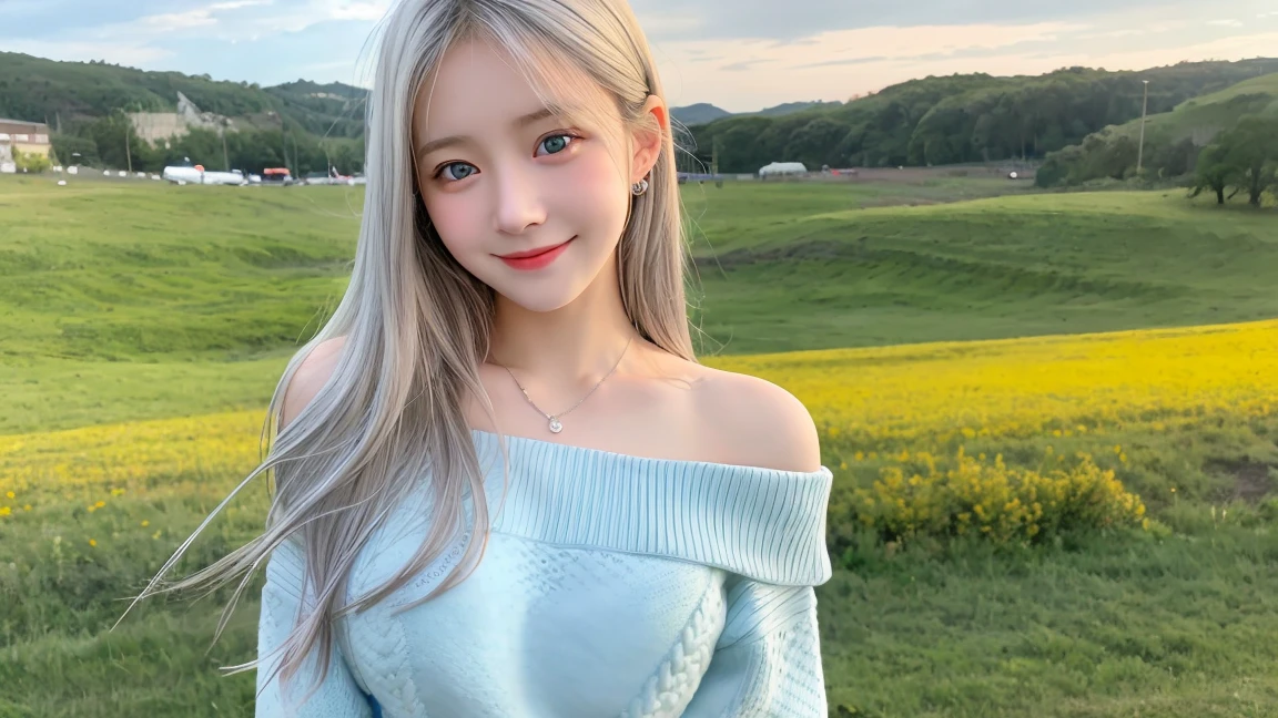 (3 girls), Young faceอินโดนีเซีย, 12 years,smile,Silver hair, white skin, Round breast, blue eyes,(( Strapless sweater))Masterpiece, Highest quality, 8K, beautiful girl, Young face、 photography, Cute face, thigh,In the meadow, Embarrassing、รอยsmile、((((((อายุ 12 years))))))、small waist、 ((Busty breasts))