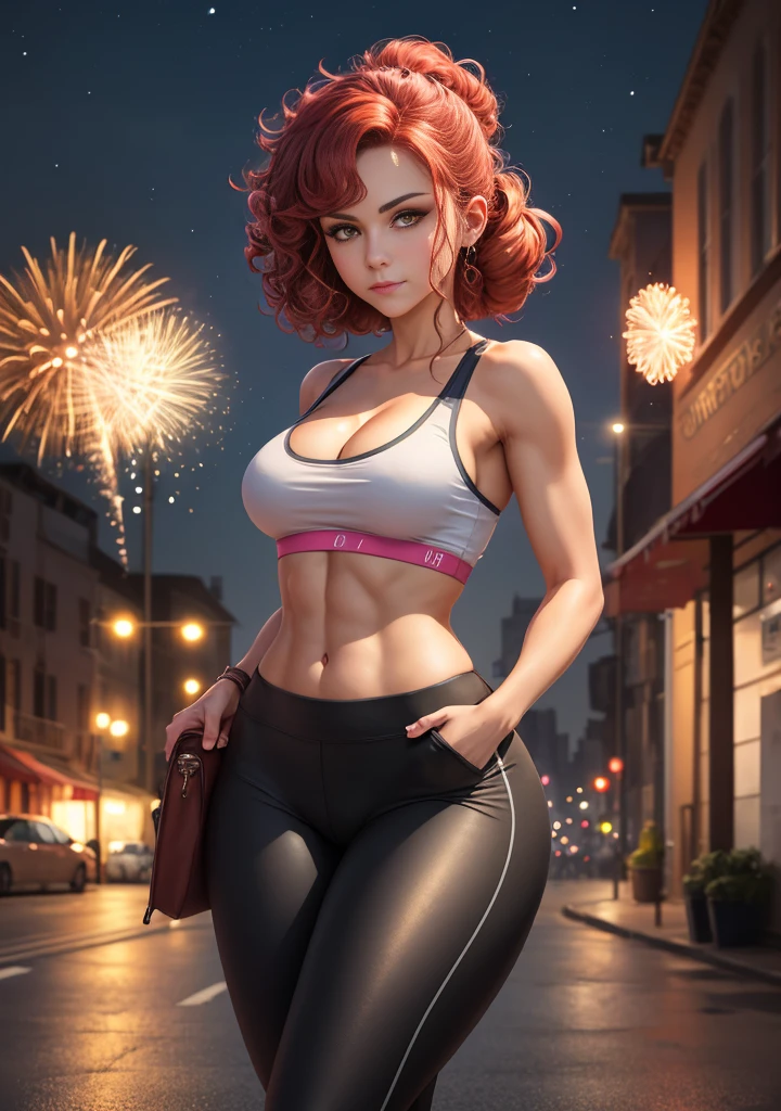 (best quality, masterpiece:1.4), 1girl, solo, female focus, BREAK, red hair, curly hair, hair up, sweatband, BREAK, yellow eyes, glowing eyes, closed mouth, small smile, BREAK, pink shirt, tank top, cleavage, large breasts, BREAK, yoga pants, black pants, toned, slim abs, sexy, BREAK, tan skin, tight, cowboy shot, beautiful face, detailed eyes, BREAK, fireworks, fireworks background, night time background, UHD, digital painting, vivid colors