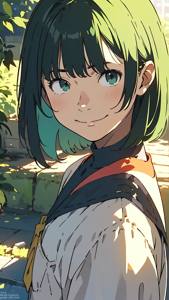 green eyes, (green hair), (short bob hair), uniform, single girl, alone, very beautiful, best quality, great quality, curated, shape, very detailed, anime coloring, very detailed, official art, warm tones, sun flare, soft shadows, vibrant colors, very detailed, official art, ((hairstyle with bangs)), facial expression pattern, smiling face,