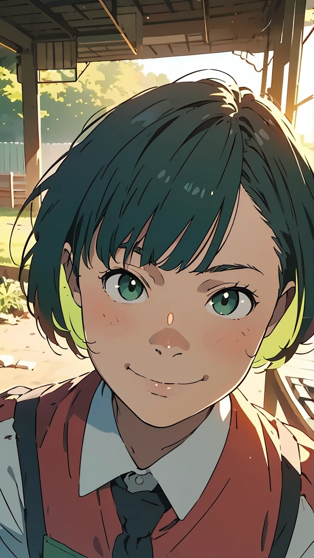 green eyes, (green hair), (short bob hair), uniform, single girl, alone, very beautiful, best quality, great quality, curated, shape, very detailed, anime coloring, very detailed, official art, warm tones, sun flare, soft shadows, vibrant colors, very detailed, official art, ((hairstyle with bangs)), facial expression pattern, smiling face,