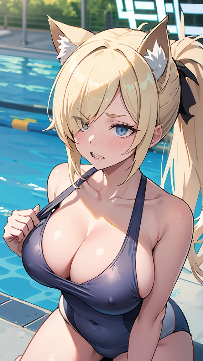 Kanna Ogata（Blue Archive）,Blonde ponytail,Grey gap,Wolf Ears,One eye is covered by hair,White competitive swimsuit,Large Breasts,Poolside Background,Circle of angels overhead,Jagged teeth,Embarrassed,