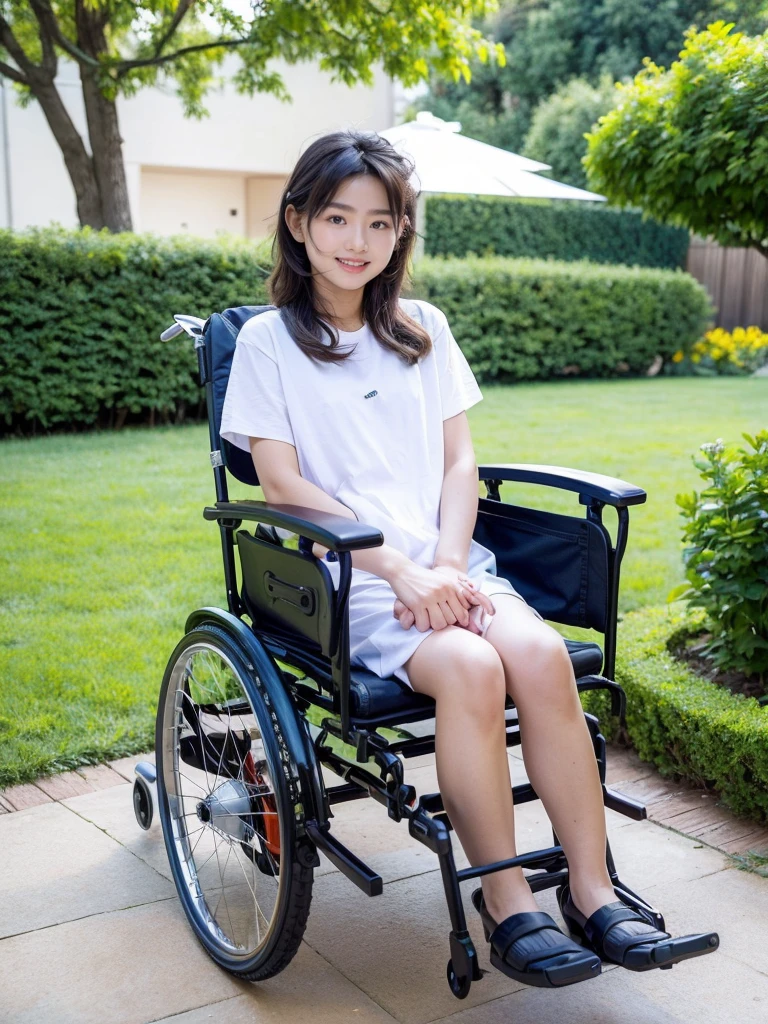 The camera slowly zooms out to reveal a family scene, showing mom with wheels chair and 6 years old boy happily living together, afternoon in the garden