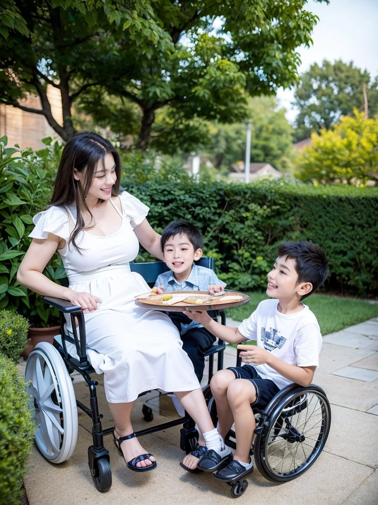 The camera slowly zooms out to reveal a family scene, showing mom with wheels chair and 6 years old boy happily living together, afternoon in the garden