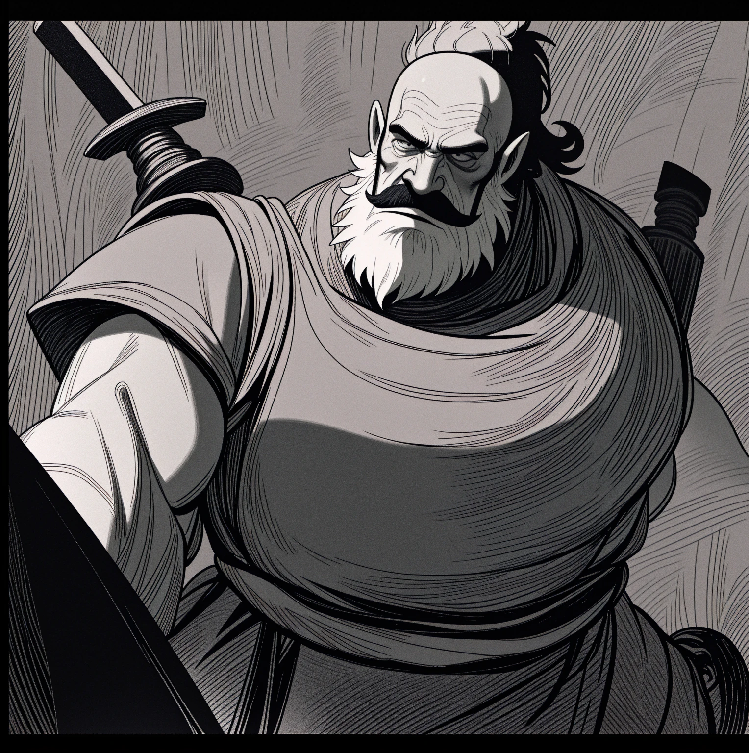 a very strong fantasy dwarf, sooty skin, long and thick beard and mustache, bald, very stout, steely eyes, ugly face, very muscular, wearing sleeveless leather armor, armor spikes, gruff expression, holding a large maul hammer, wearing a tool belt, in a dark cave illuminated by a lantern, piercing gaze,
