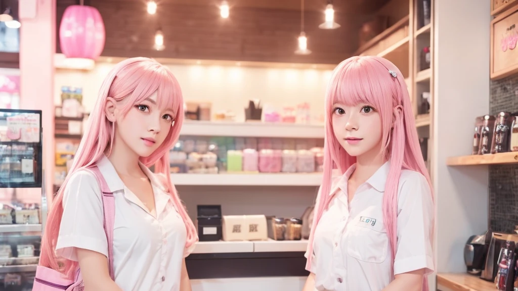anime girl in a store with a pink hair and a white shirt, kawaii realistic portrait, at the counter, mysterious coffee shop girl, lofi girl, smooth anime cg art, kawaii hq render, render of a cute 3d anime girl, anime visual of a cute girl, realistic anime 3 d style, anime. soft lighting, lofi portrait, convenience store