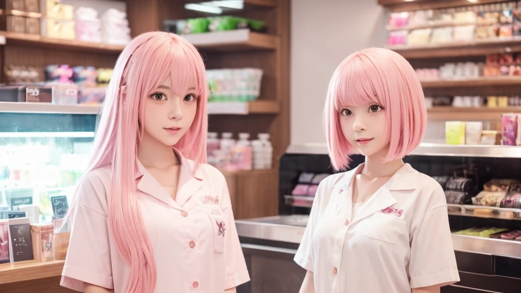 anime girl in a store with a pink hair and a white shirt, kawaii realistic portrait, at the counter, mysterious coffee shop girl, lofi girl, smooth anime cg art, kawaii hq render, render of a cute 3d anime girl, anime visual of a cute girl, realistic anime 3 d style, anime. soft lighting, lofi portrait, convenience store