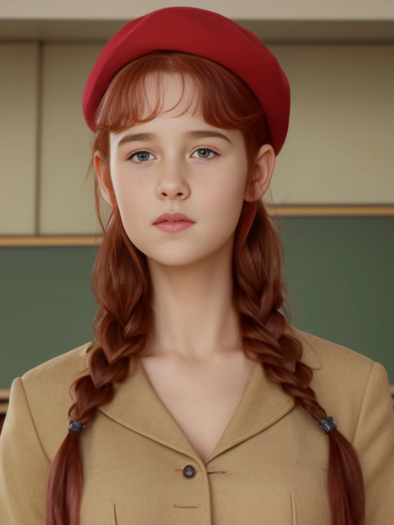 (best quality,4k,8k,highres,masterpiece:1.2),ultra-detailed,(realistic,photorealistic,photo-realistic:1.37), ((a girl in classroom, she wears uniform and beret, shy, braided red hair)), ((slim body, very large bust size for her young age))