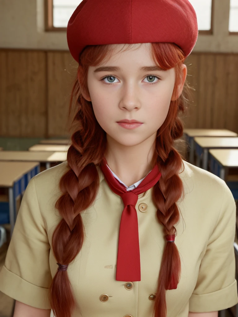 (best quality,4k,8k,highres,masterpiece:1.2),ultra-detailed,(realistic,photorealistic,photo-realistic:1.37), ((a girl in classroom, she wears uniform and beret, shy, braided red hair)), ((slim body, very large bust size for her young age))