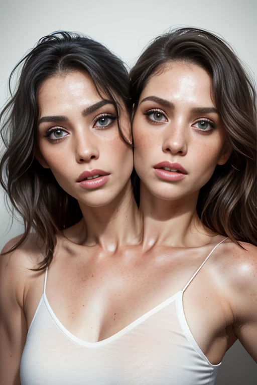 Create a deeply realistic upper body portrait of a woman, ((2heads)), conjoined dicephalus,embracing imperfections in her skin and hair. Zoom in to showcase intricate details like visible pores, subtle blemishes, and scattered freckles, scars. Capture the complexity of her eyes with well-defined irises, conveying depth and emotion. Depict a natural, imperfect texture in her hair, emphasizing flyaways and individual strands. Pay careful attention to the interplay of light and shadow, adding a three-dimensional quality to the portrait. This upper body composition should evoke a sense of genuine beauty in imperfection, striking a balance between realism and artistry, crows feet,45 years old , some wrinkles,wet skin, skin wet with white cream