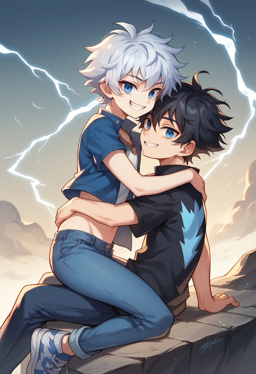 a young boy of 28 years old, Jack frost, symmetrical face, defined body, sharp chin, blue eyes, short hair on both sides of the head, short hair on top, long hair at the nape of the neck, black hair, messy hair, cheerful smile, wearing a jean jacket, a simple black t-shirt, jeans, worn sneakers, necklace with a sapphire stone, in a combat position, destroyed sapphire fragments, lightning coming out of it, in some mountains, thunderstorms, digital drawing
