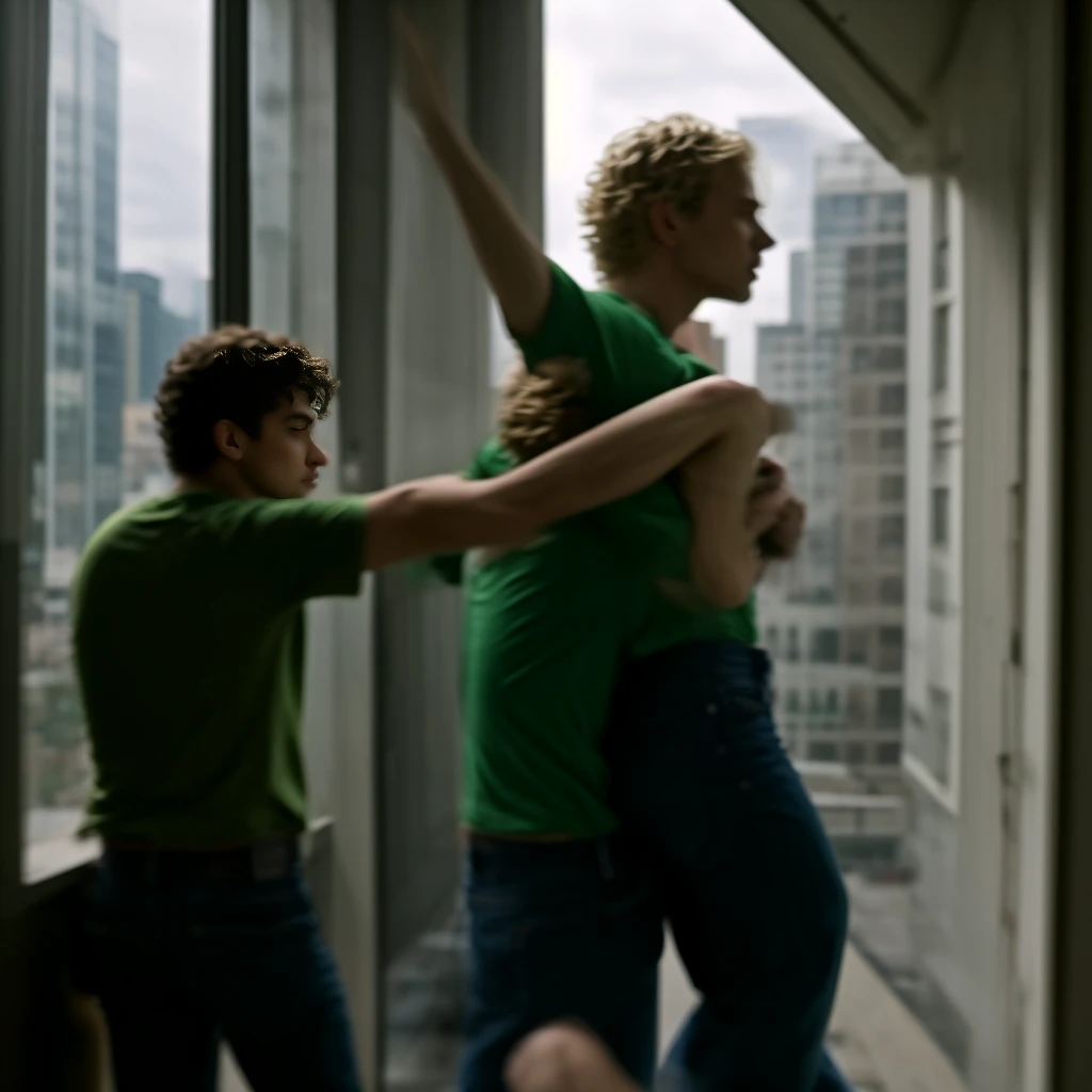 ((best qualityer)), ((realistic people)), (detailded) (ultrarealism) (4K) (two people)
In the scene there are two men. One man is throwing another out the window.
One of the men is blond and dressed in blue clothes.. The other man is black, wear glasses, very short and curly hair, He is wearing a green shirt and jeans.
The blond man is throwing the other man out the window