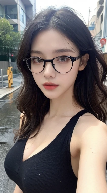 ((top-quality、8K、masterpiece:1.3))、focus:1.2、Perfect Body Beauty:1.4、Slim abs:1.2、((Black Hair Wavy Hair、huge tit:1.2))、(wet wear:1.1)、(rain、street:1.3)、wetbody:1.1、glasses:1.2, Highly detailed facial and skin texture、A detailed eye、double eyelid、Duo service、Short clothing、realistic clothes
