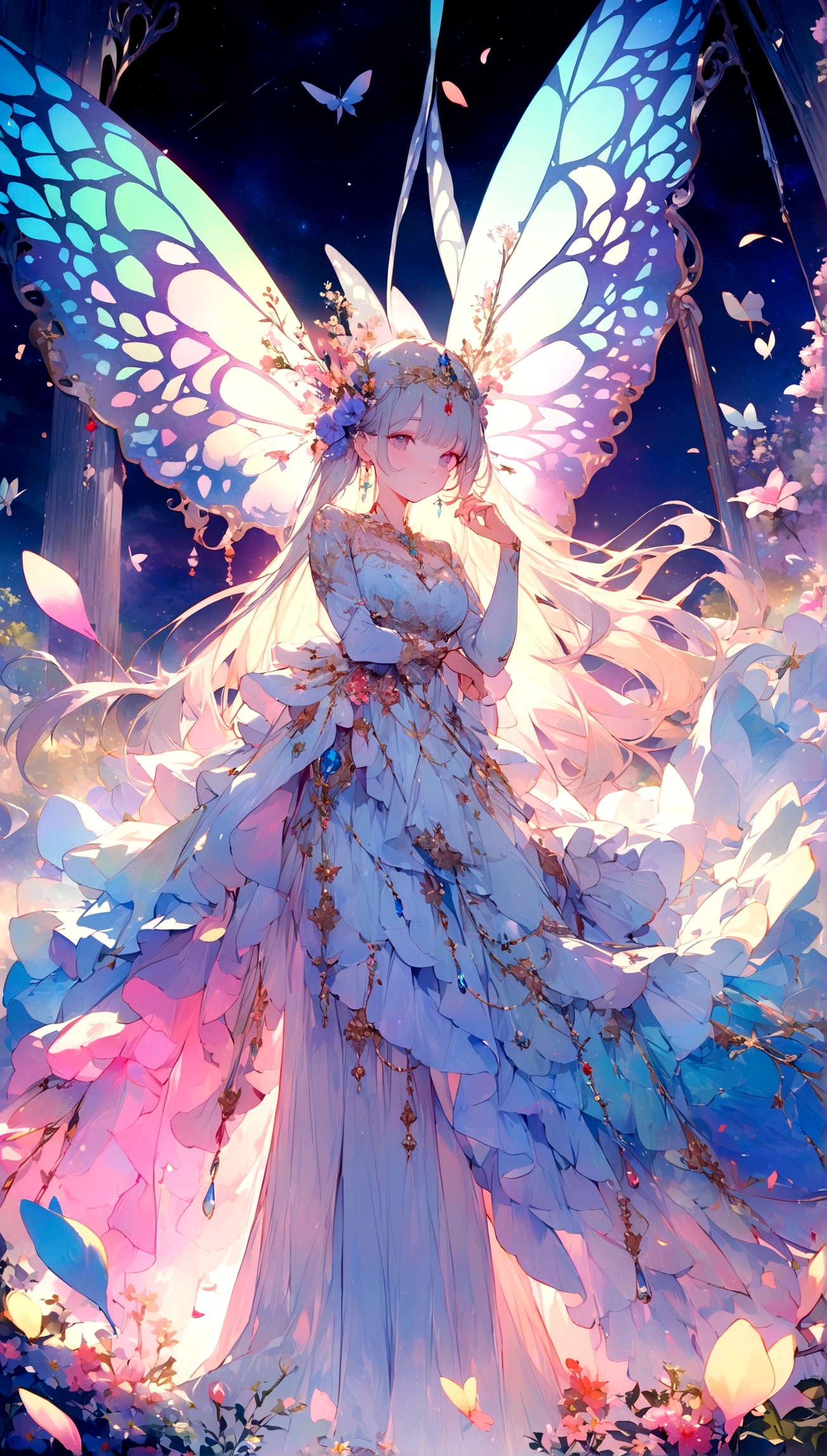 Clear skies, Starry sky, aurora,moonlight,Everything is expressed in jewellery, The arrival of spring,
, Beautiful butterfly,The angle of looking from the bottom up, Various jewels falling from the sky, Wonderful and beautiful view, Slightly hazy, excellent, high resolution, 8K, (best quality, high resolution, Practical:1.37), Shiny metallic flowers, Intricate and delicate petals, Reflective surface, Vibrant colors, Intricate details, Close-up view, Surreal Garden, Surreal beauty, Dreamy atmosphere, art, Abstract botany, Metal Sculpture, Contrasting Textures, Ethereal Light