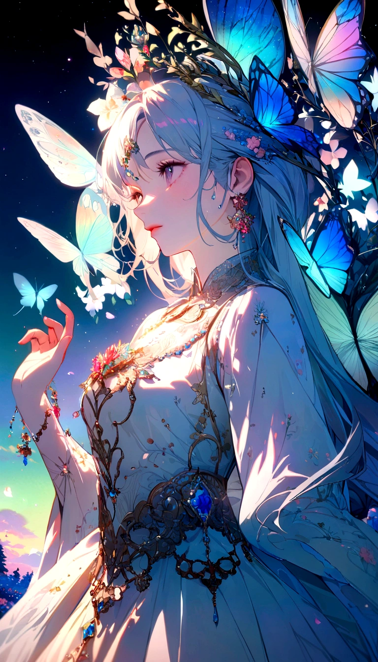 Clear skies, Starry sky, aurora,moonlight,Everything is expressed in jewellery, The arrival of spring,
, Beautiful butterfly,The angle of looking from the bottom up, Various jewels falling from the sky, Wonderful and beautiful view, Slightly hazy, excellent, high resolution, 8K, (best quality, high resolution, Practical:1.37), Shiny metallic flowers, Intricate and delicate petals, Reflective surface, Vibrant colors, Intricate details, Close-up view, Surreal Garden, Surreal beauty, Dreamy atmosphere, art, Abstract botany, Metal Sculpture, Contrasting Textures, Ethereal Light
