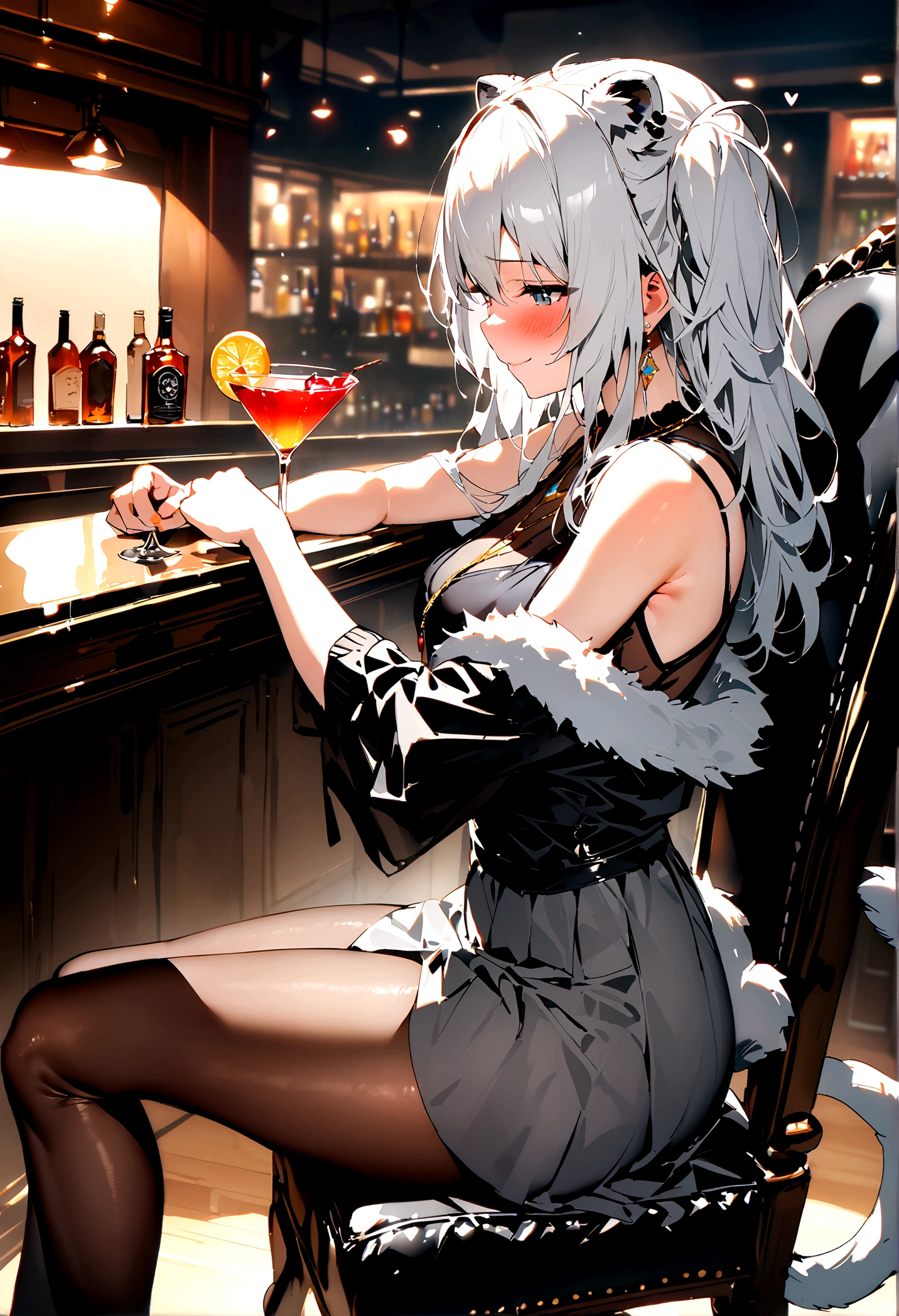 NSFW,masterpiece,Highest quality,High resolution,Super detailed,Shishirabotan\(Hololive\),Long Hair、Two Side Up、Earrings、Lion&#39;s Tail,necklace、Black Shirt、Sleeveless shirt、abdomen、See-through、Grey Skirt、片足pantyhose、pantyhose、fur-trimmed jacket、Black jacket、Off the shoulder,(Bewitching Smile),blush,Luxurious Room,pub,counter,chair,Cocktail Glass,(Drunk),(Intoxication),Sitting in a chair,From the side,heart,Sexy pose,Panty shot