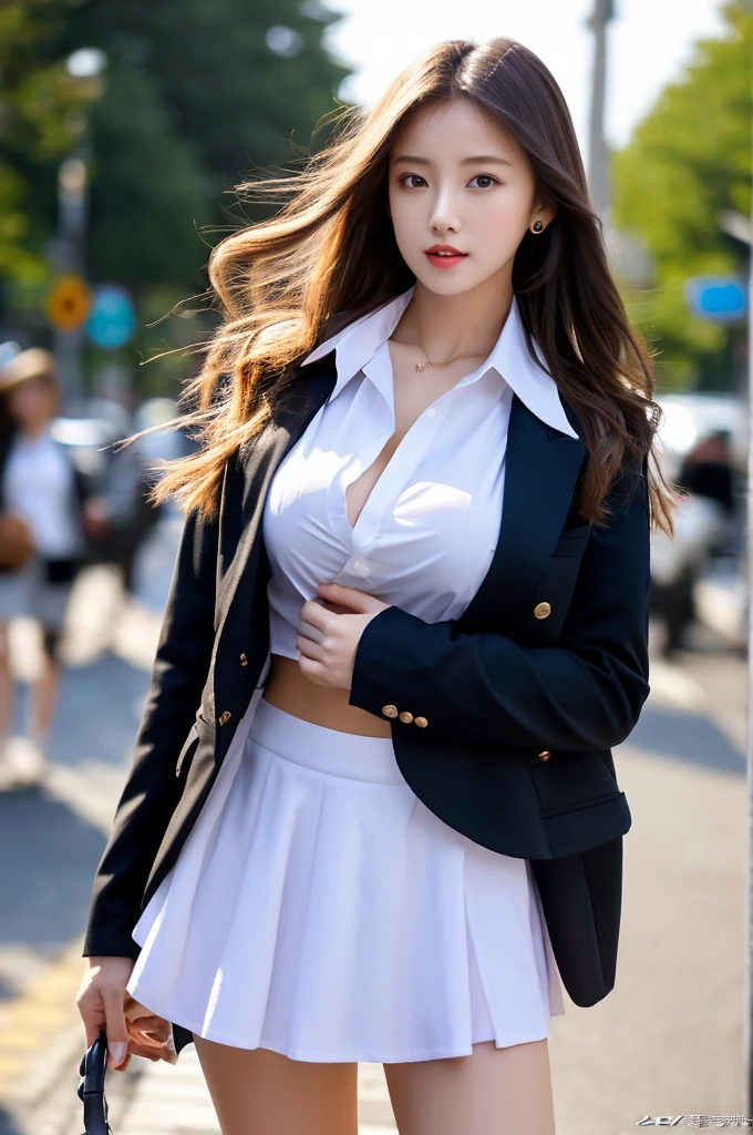 a 20 year old woman, she is the most beautiful actress in the world, her detailed face, the perfect proportions of her body, tight blazer of skirt suit is worn with shirt on her upperbody, the perfect shape of her covered breasts, shirt skirt is worn with panties on her lower body, panties between her bare legs under short skirt, panties are able to be seen a little, she is standing, at the city street, nsfw, best quality, highly detailed, masterpiece, ultra high res, photo realistic, 8k