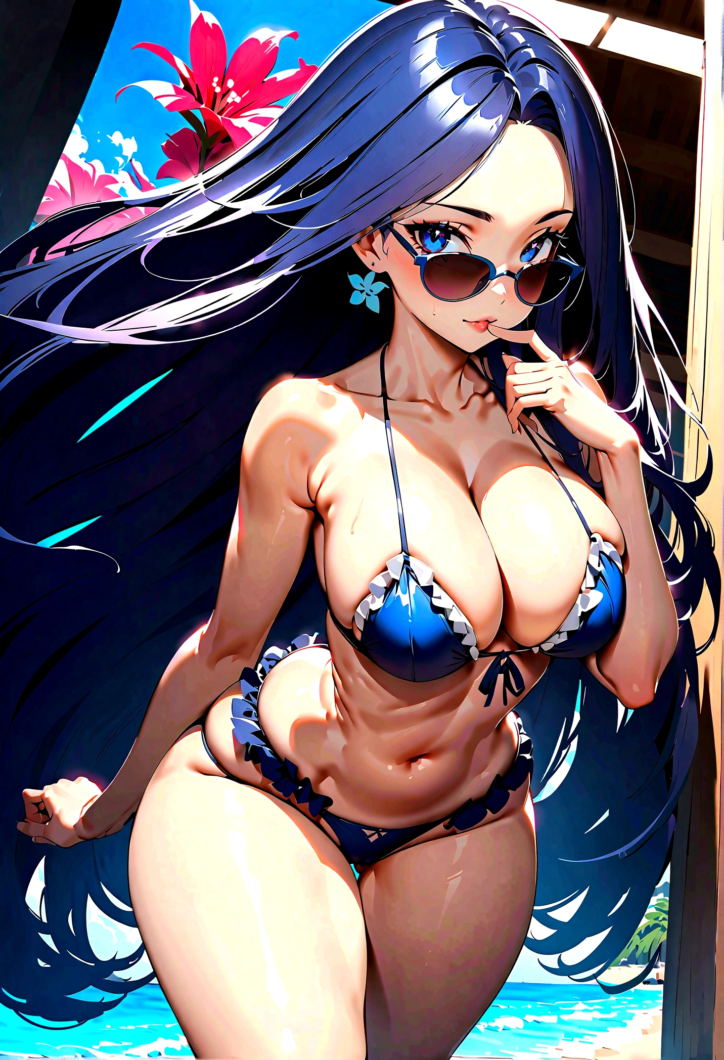 busty bimbo brazilian beach babe, (model), classy, sophisticated, ((south american)), (brazilian facial features), glossy eyes, ((((beautiful)))), tropical, gorgeous, (cute), ((hyper sexualized)), raunchy, hourglass body, ((sexy)), ((perfect)), (feminine), walking happily, hip sway, colorful creative frilly flower thong bikini, cute flower choker, huge dark sunglasses, cum on face, licking finger, voluptuous round juicy breasts, voluptuous strong ass, strong thighs, sexy hips, hip cleavage, full shapely body, curvy, vibrant aura, smooth shiny skin, (sexy lighting), beach resort background, smooth clean lines, ultra textured, highest resolution, maximum quality, max detail, vivid colors, max texture, energetic composition, dramatic lighting, crystal clear, depth perspective, high contrast, seamlessly blended, photorealistic, chromatic aberration, subpixel precision, bokeh effect depth art, anamorphic perspective, hdr high dynamic range, spectral color graded, photometric lighting, motion lines