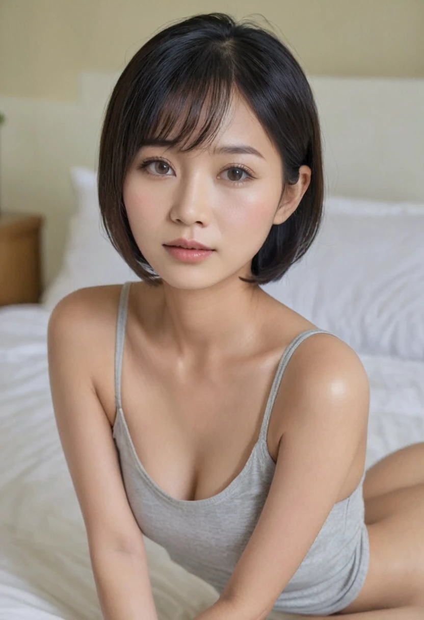 (Close Up),RAW, Best quality, high resolution, masterpiece: 1.3), realistic,beautiful, , Indonesian woman, short hair, Tank Top, Naked, straddling, loose vagina, Lots of Sperm All Over