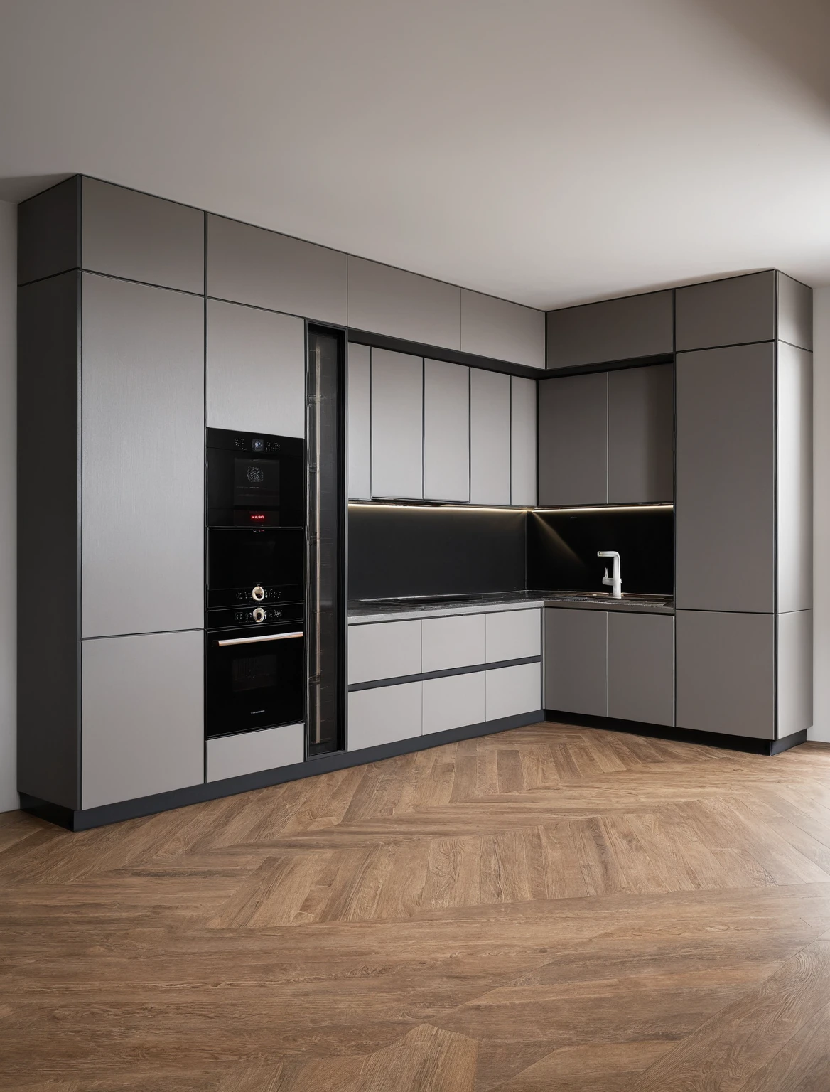 Raw photo,Masterpiece, high quality, best quality, authentic, super detail, interior , sunset, daylight, Kitchen Cabinets style modern, Induction cooker, sink, faucet, oven, built-in microwave, wooden floor, hood, wine cabinet, ((black tones))