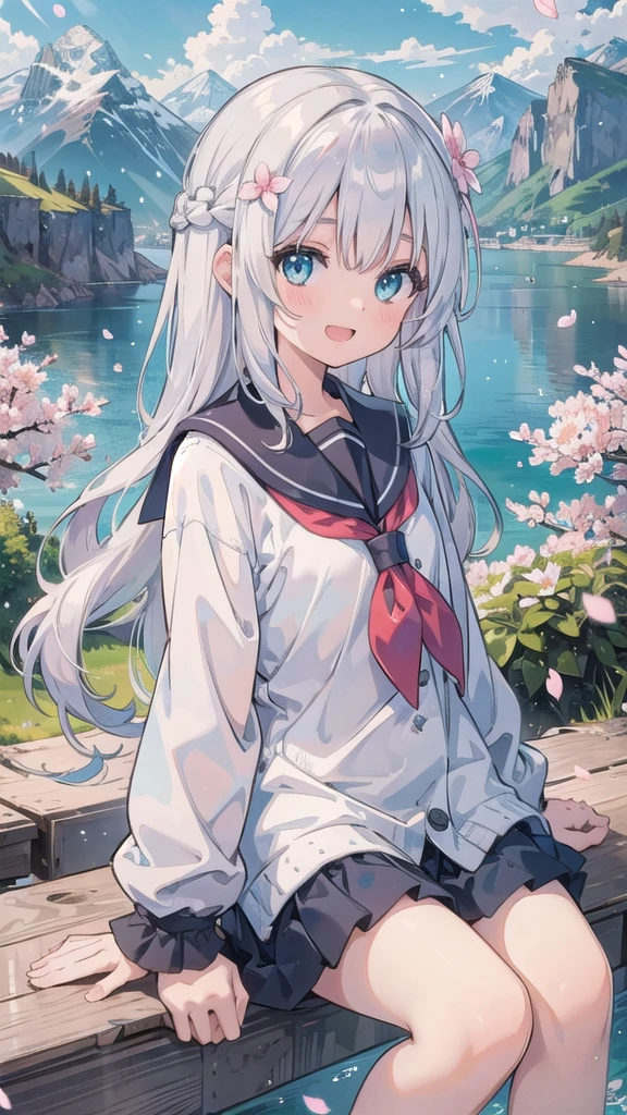 (masterpiece), landscape, Mountain horizon, Cherry blossoms, petal, Light Particles, Upper Body, 1 Girl, sailor, curls, Flowing hair, Smile, sit, open mouth, Light Particles, Silver Hair, Aqua eyes, Looking at the audience, Face Focus