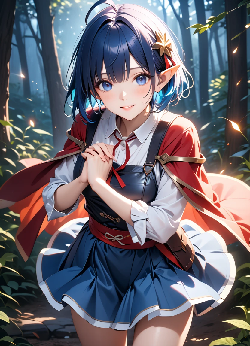 1girl, RENA LANFORD, 1GIRL, AHOGE, BLUE HAIR, SHORT HAIR, BLUE EYES, POINTY EARS CRESCENT HAIR ORNAMENT, RED CAPE, BLUE VEST, LEATHER ARMOR, RED RIBBON, WAIST RIBBON, BLUE SKIRT, MINISKIRT, SHOES, BREAK kawaii, smile, cowboy shot, own hands clasped, forest, night, lightning bug, light particle, BREAK detailed face, smooth skin, cinematic lighting, volumetric shadow, BREAK 3D, CG illustration, score_9, score_8_up, score_7_up, (masterpiece:1.2), (best quality:1.2), (very aesthetic:1.2), (absurdres:1.2), (detailed background), newest, (intricate:1.2), ai-generated, BREAK