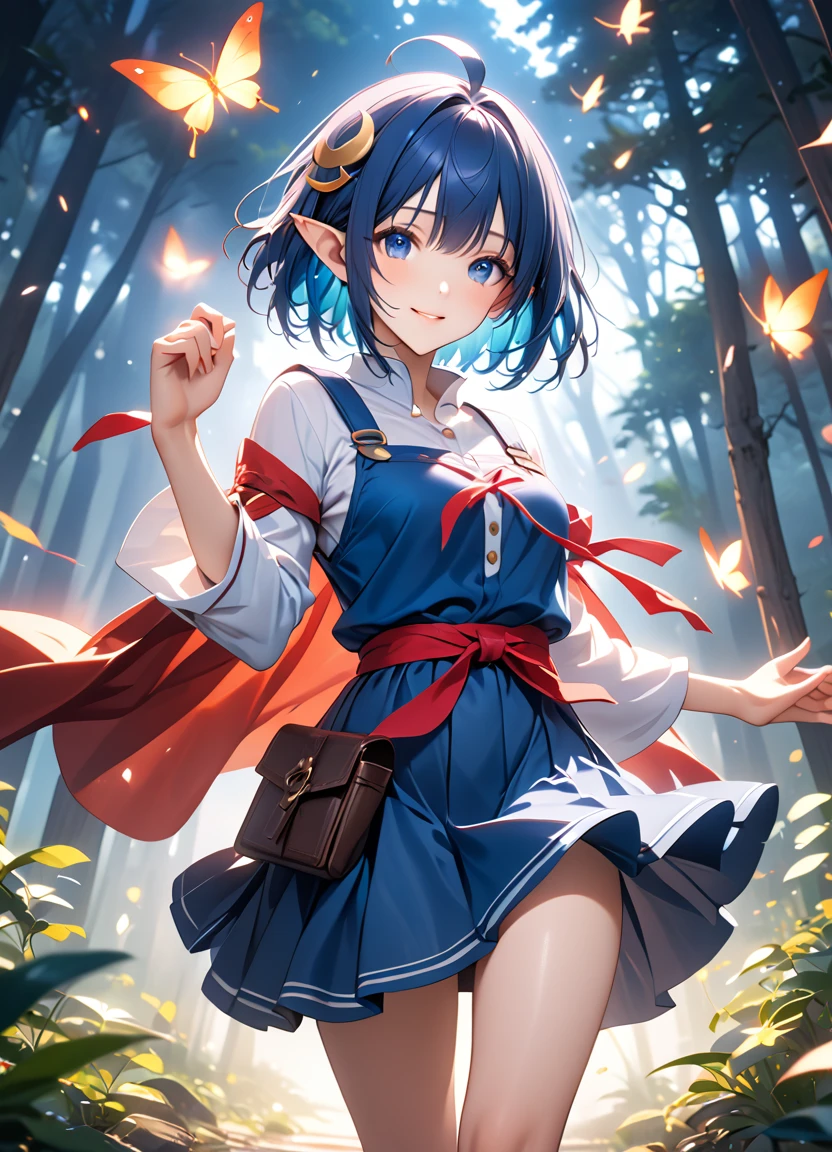 1girl, RENA LANFORD, 1GIRL, AHOGE, BLUE HAIR, SHORT HAIR, BLUE EYES, POINTY EARS CRESCENT HAIR ORNAMENT, RED CAPE, BLUE VEST, LEATHER ARMOR, RED RIBBON, WAIST RIBBON, BLUE SKIRT, MINISKIRT, SHOES, BREAK kawaii, smile, cowboy shot, own hands clasped, forest, night, lightning bug, light particle, BREAK detailed face, smooth skin, cinematic lighting, volumetric shadow, BREAK 3D, CG illustration, score_9, score_8_up, score_7_up, (masterpiece:1.2), (best quality:1.2), (very aesthetic:1.2), (absurdres:1.2), (detailed background), newest, (intricate:1.2), ai-generated, BREAK