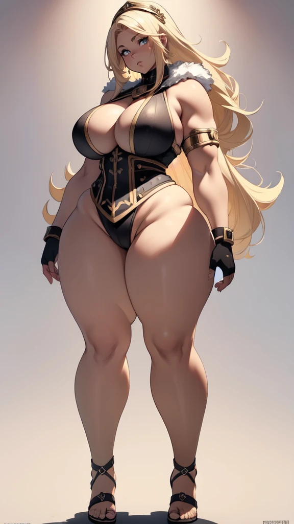 (masterpiece), best quality, female warrior, dark fantasy, huge girl, female muscular:1.2, blonde hair, (curvy:1.7), ((thick thighs:1.4)), (((blank background))), ((full body)), fingerless gloves, sandals, sleeveless, (straight hair), (fur top) , strapless top, (spread legs), standing, (from behind) , (long legs:1.5), ((legs apart))