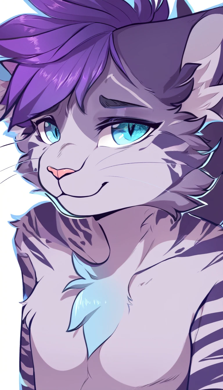 adult, feline, mammal, anthro, anthromorphic, cat, striped, fur, furred_anthro, femboy, male, dark_blue, ear_tufts, paws, hair_tuft, hair_between_eyes, long_tail, fluffy, expressive_eyes, purple_hair, light, galaxy_fur, looking_at_viewer, light_blue_chest, shy, small_pupils, spotted_pattern, stripes, digital_art, high_resolution, high_res, background shy, head_visible, neck_visible, profile_picture, seductive_face, white_outline, angry_expression