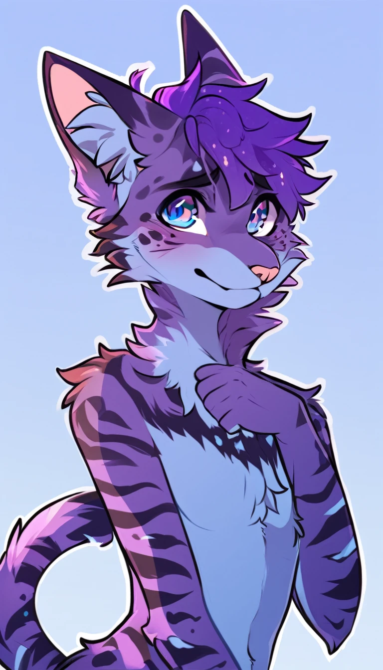adult, feline, mammal, anthro, anthromorphic, cat, striped, fur, furred_anthro, femboy, male, dark_blue, ear_tufts, paws, hair_tuft, hair_between_eyes, long_tail, fluffy, expressive_eyes, purple_hair, light, galaxy_fur, looking_at_viewer, light_blue_chest, shy, small_pupils, spotted_pattern, stripes, digital_art, high_resolution, high_res, background shy, head_visible, neck_visible, profile_picture, seductive_face, white_outline, angry_expression