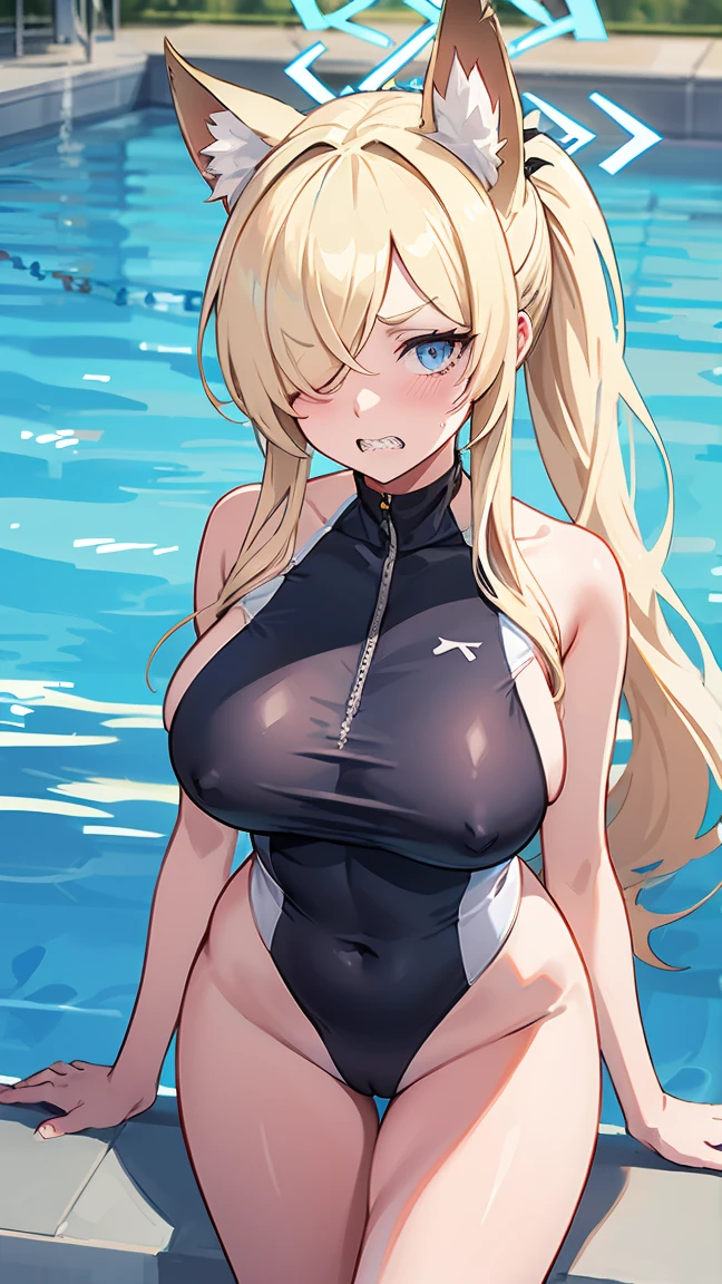 Kanna Ogata(Blue Archive),Blonde ponytail,Grey gap,Wolf Ears,One eye is covered by hair,(White competitive swimsuit),Large Breasts,Poolside Background,Circle of angels overhead,Jagged teeth,Embarrassed,