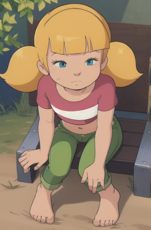 (masterpiece) (best quality) (detailed) (8k) (sharp focus) (intricate) (cinematic lighting), 1girl, penny, , blonde hair, twintails, blunt bangs, blue eyes, from above,crouched, leaning forward,outdoors, mud, unbuttoned undone reinforced green pants, relaxed expression,red  t-shirt white centre stripe, flat chest, bare feet, closed eyes, kindergartner, shota, flat abdomen