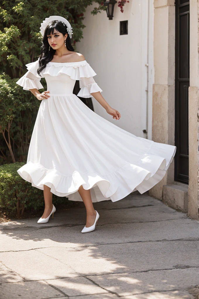 A black-haired woman wearing a white flamenco dress.