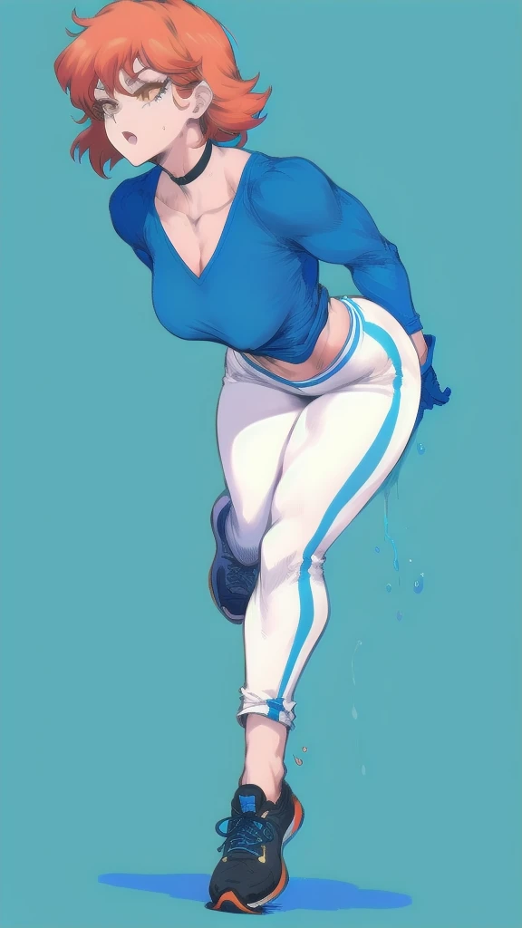 Full body image of Nicole Watterson from The Amazing World of Gumball, full body in image, wearing her original outfit (blue shirt with a white collar, orange pants, and black shoes), long blue hair, female body, athletic and strong body, dynamic pose showing her strength and determination, detailed pose, simple background, expressive face showing a mix of firmness and warmth, focus on face, line art, sketch