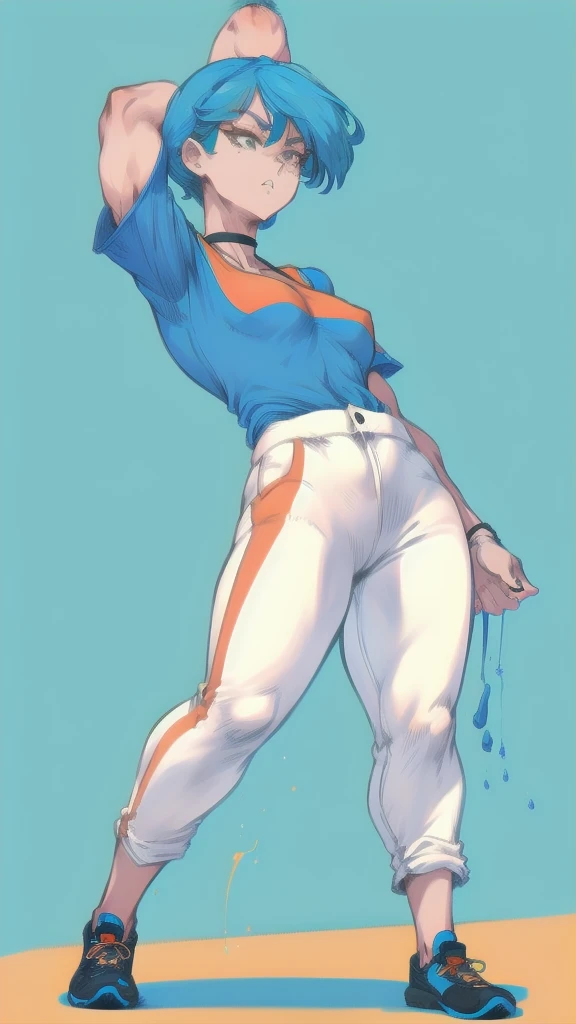 Full body image of Nicole Watterson from The Amazing World of Gumball, full body in image, wearing her original outfit (blue shirt with a white collar, orange pants, and black shoes), long blue hair, female body, athletic and strong body, dynamic pose showing her strength and determination, detailed pose, simple background, expressive face showing a mix of firmness and warmth, focus on face, line art, sketch