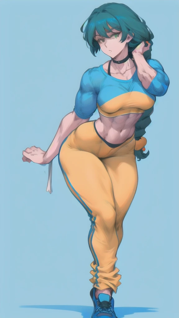 Full body image of Nicole Watterson from The Amazing World of Gumball, full body in image, wearing her original outfit (blue shirt with a white collar, orange pants, and black shoes), long blue hair, female body, athletic and strong body, dynamic pose showing her strength and determination, detailed pose, simple background, expressive face showing a mix of firmness and warmth, focus on face, line art, sketch