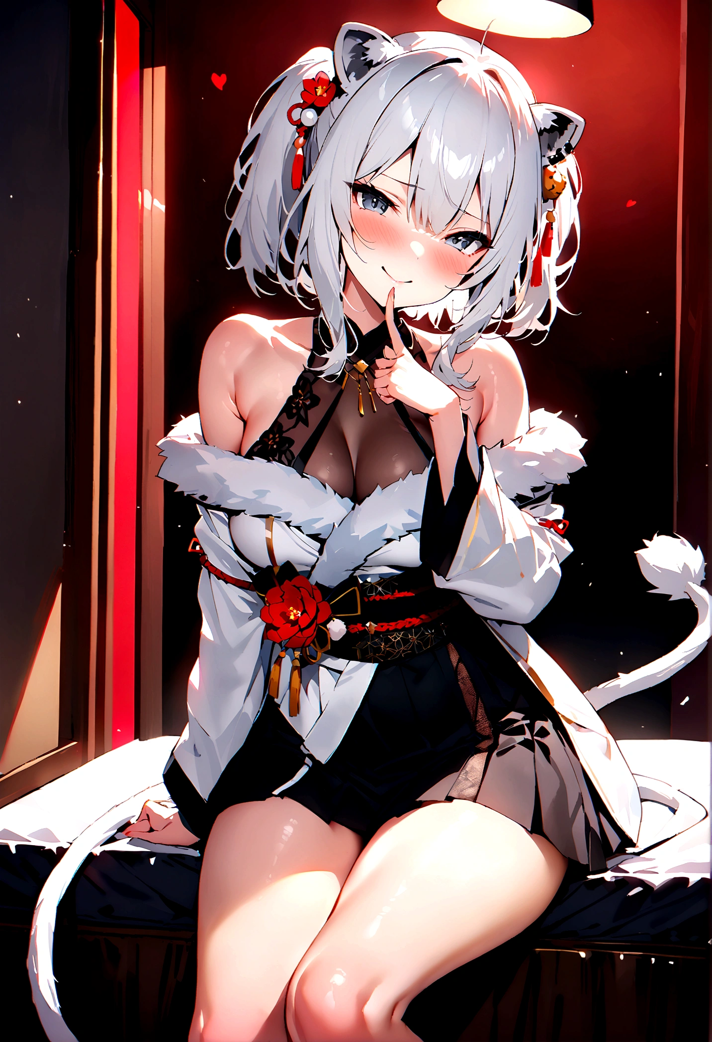 NSFW,masterpiece,Highest quality,High resolution,Super detailed,Shishirabotan\(Hololive\),Double Odango、flower、Side Lock、Lion's tail、White kimono、Off the shoulder、fur ornament、Black Hakama、Short skirt,Bad smile,blush,Prostitute,(Red light district),Japanese-style room,Sexy pose,(Seduce),Sitting,heart,Throw kiss