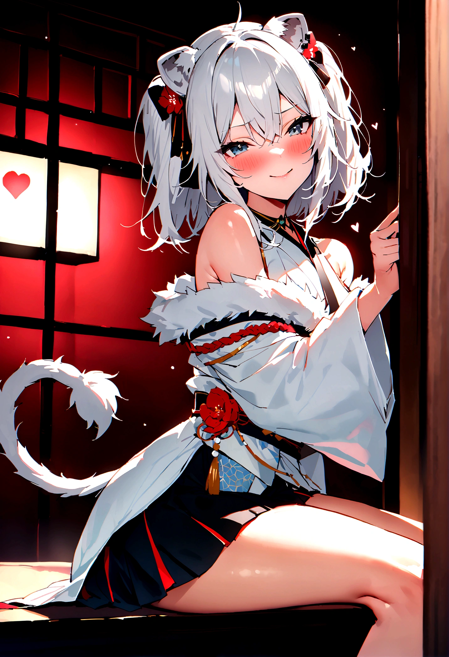 NSFW,masterpiece,Highest quality,High resolution,Super detailed,Shishirabotan\(Hololive\),Double Odango、flower、Side Lock、Lion's tail、White kimono、Off the shoulder、fur ornament、Black Hakama、Short skirt,Bad smile,blush,Prostitute,(Red light district),Japanese-style room,Sexy pose,(Seduce),Sitting,heart,Throw kiss