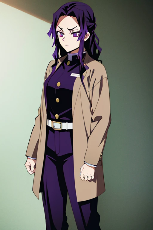 demon slayer anime style,Kotouji Agamaki, 1 girl 22 years old, serious and beautiful with golden eyes and pronounced eyebrows, She has long, straight, wavy, dark, shiny purple hair with two long strands of hair on the sides of her ears., He wears a long-sleeved hunter uniform with a gray-blue coat). Kimetsu no yaiba anime.