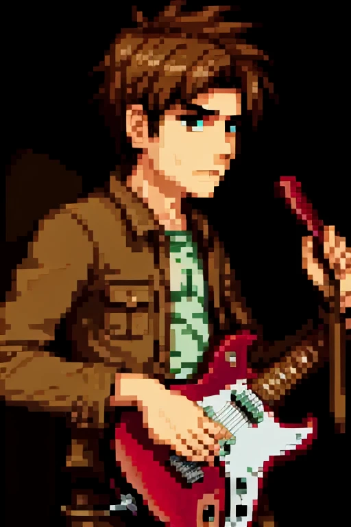 Eren Yieger from Attack on Titan with an electric guitar in his hands 