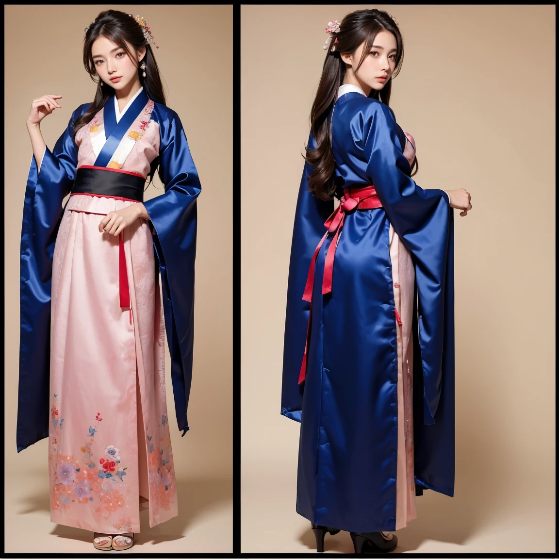 NSFW, (masterpiece, best quality:1.5), ultra detailed, high resolution, 16k, the most beautiful face in the world, perfect face, delicate facial features, highly detailed beautiful face and eyes, shiny skin, highly detailed background, elaborately designed, fine cloth texture, perfect anatomy, BREAK, (gorgeous and stunning teenage girl in hanbok:1.2), perfect make-up, deeply in love, full of elegance, (full body:1.5), (three view drawing, front and back and side, character sheet:1.3)