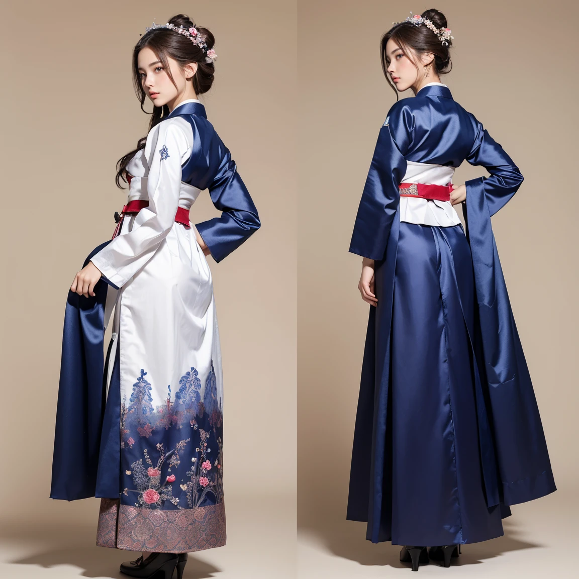 NSFW, (masterpiece, best quality:1.5), ultra detailed, high resolution, 16k, the most beautiful face in the world, perfect face, delicate facial features, highly detailed beautiful face and eyes, shiny skin, highly detailed background, elaborately designed, fine cloth texture, perfect anatomy, BREAK, (gorgeous and stunning age girl in hanbok:1.2), perfect make-up, deeply in love, full of elegance, (full body:1.5), (three view drawing, front and back and side, character sheet:1.3)