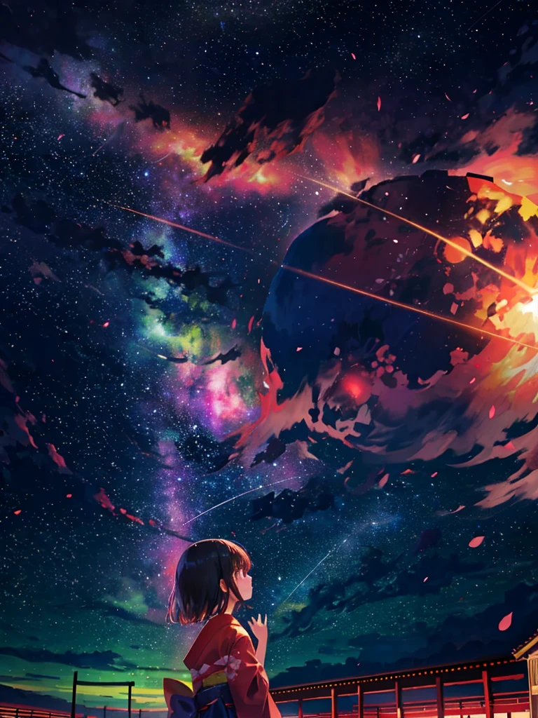 1girl, a distant girl kiss girl in a kimono gazing at the stars, (zoomed: 1.1), (meteor shower: 1.2), (comet: 1.1), your name, low angle, from behind, Northern Lights, meteors, yukata, red kimono, cherry blossoms, standing in the field, best quality, masterpiece, clouds, colorful, starry, stars,