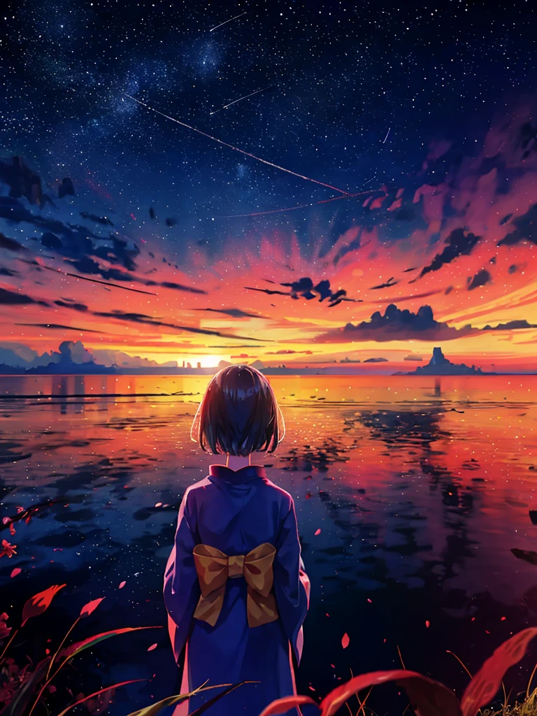 1girl, a distant girl kiss girl in a kimono gazing at the stars, (zoomed: 1.1), (meteor shower: 1.2), (comet: 1.1), your name, low angle, from behind, Northern Lights, meteors, yukata, red kimono, cherry blossoms, standing in the field, best quality, masterpiece, clouds, colorful, starry, stars,