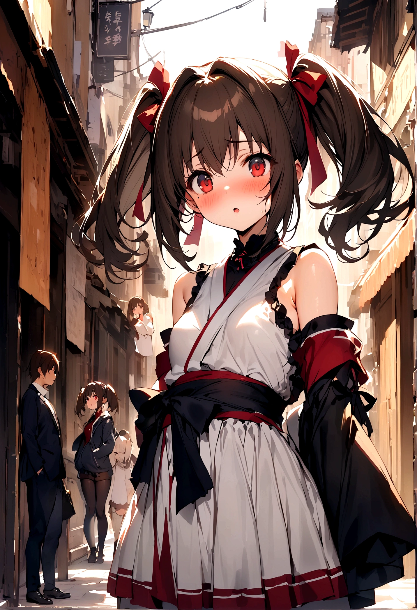 NSFW,masterpiece,Highest quality,High resolution,Super detailed,Nekone \(Utawarerumono\),Brown Hair、(Red Eye:1.3)、ribbon,Twin tails、ヘアribbon、Mole、目の下のMole,Small breasts,Fantasy World,Shopping Street,Alley,Japanese style,mini skirt,leotard,Half-naked,Open clothes,Embarrassed,blush,(Seduce)