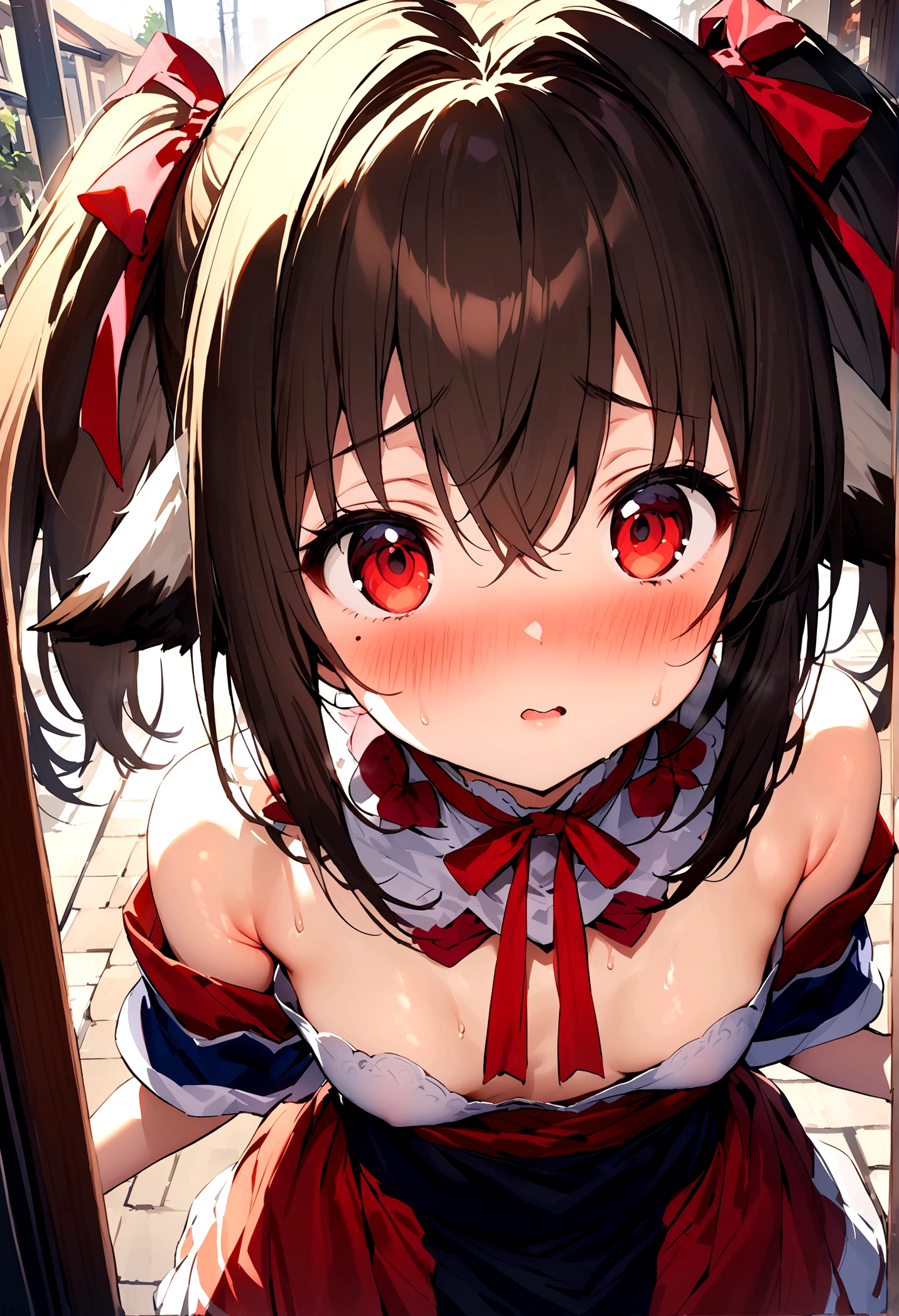 NSFW,masterpiece,Highest quality,High resolution,Super detailed,nekone \(utawarerumono\),Brown Hair、（Red Eye：1.3）、ribbon,Twin tails、ヘアribbon、Mole、目の下のMole,Small breasts,blush,Expecting face,bustling street,Date