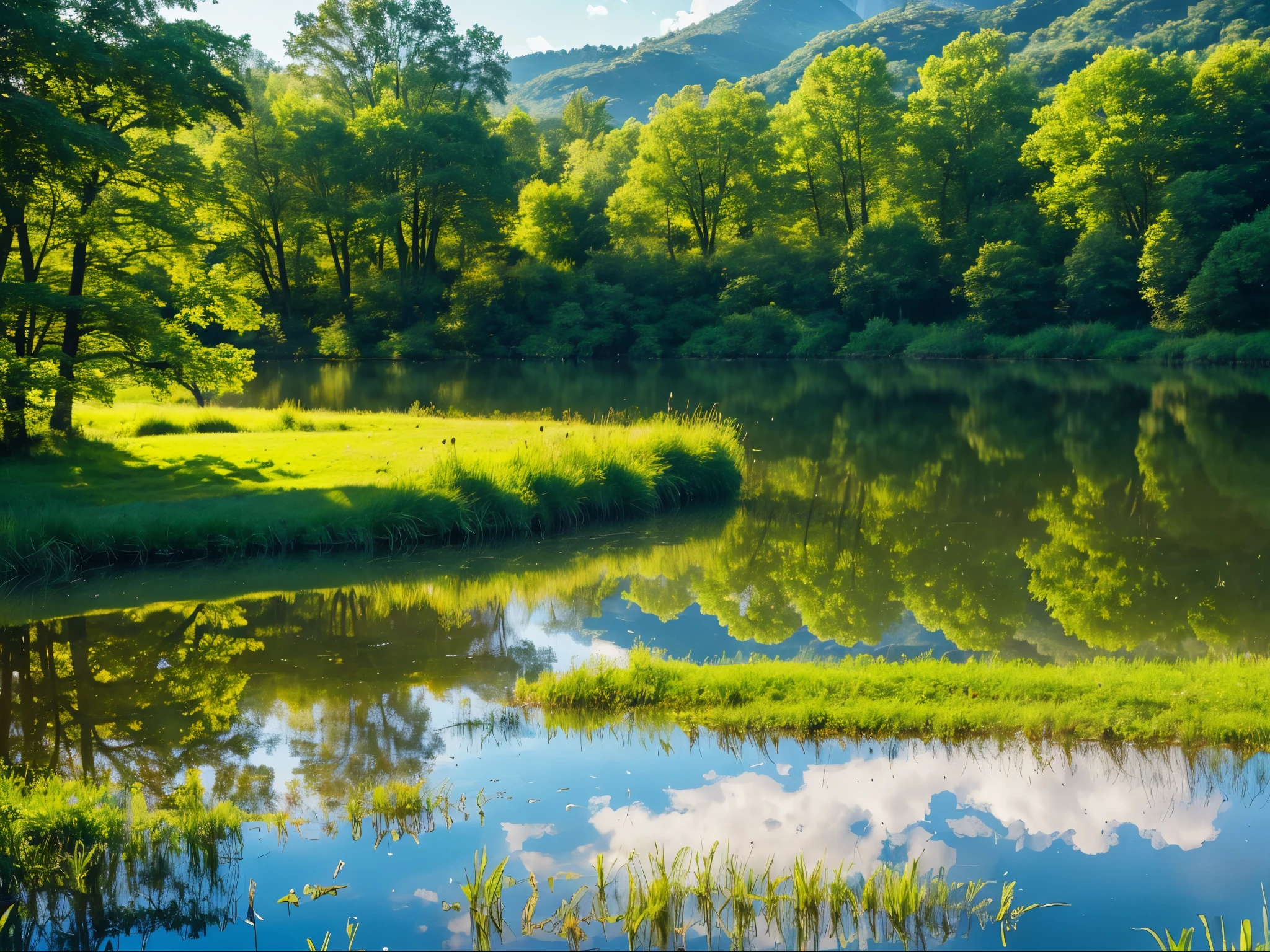 a serene lakeside landscape, still lake reflecting the sky, lush green forest surrounding the lake, sun shining through the trees, beautiful detailed clouds in the sky, (best quality,4k,8k,highres,masterpiece:1.2),ultra-detailed,(realistic,photorealistic,photo-realistic:1.37),landscape,nature,tranquil,picturesque,vibrant colors,dynamic lighting,dramatic shadows,stunning scenery