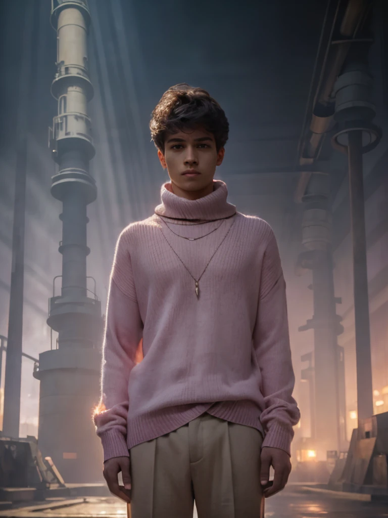 Mysterious atmosphere, atmosphere, Ethereal quality,Practical,beautiful and aesthetic,, Solitary,groin,Pink Turtleneck Sweater, Brown pants,(Not suitable for working hours:0.85),, ,, power plant,, (Dazzling atmosphere, Fascinating light, Luminous lighting, Ethereal atmosphere, Fascinating light, Evocative colors, Attractive colors, Dramatic Lighting, Enchanting aura),