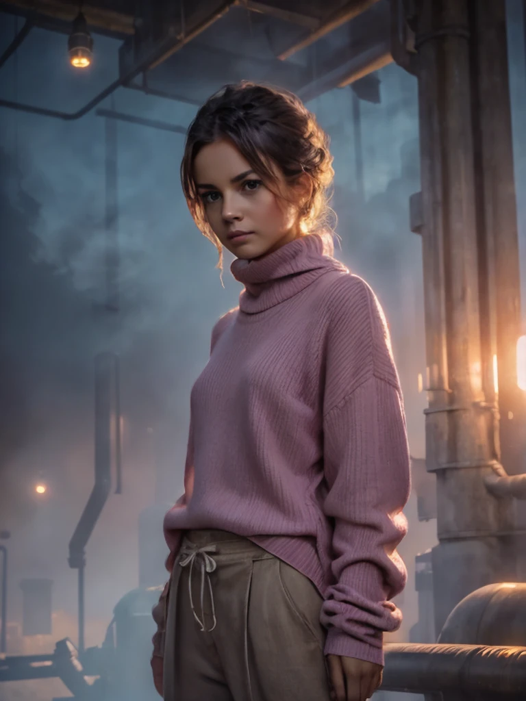 Mysterious atmosphere, atmosphere, Ethereal quality,Practical,beautiful and aesthetic,, Solitary,groin,Pink Turtleneck Sweater, Brown pants,(Not suitable for working hours:0.85),, ,, power plant,, (Dazzling atmosphere, Fascinating light, Luminous lighting, Ethereal atmosphere, Fascinating light, Evocative colors, Attractive colors, Dramatic Lighting, Enchanting aura),