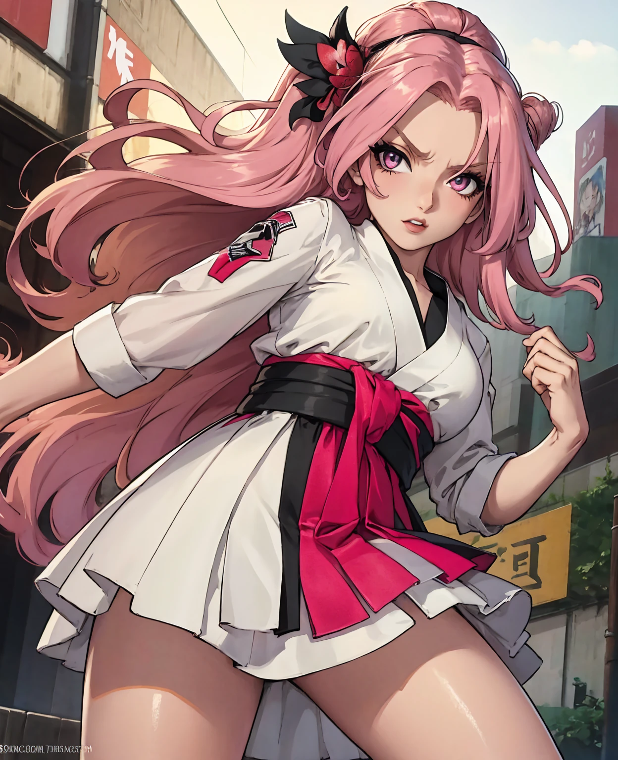 Tokyo, Kabukicho, long hair fluttering in the wind, pink hair, high definition, dress